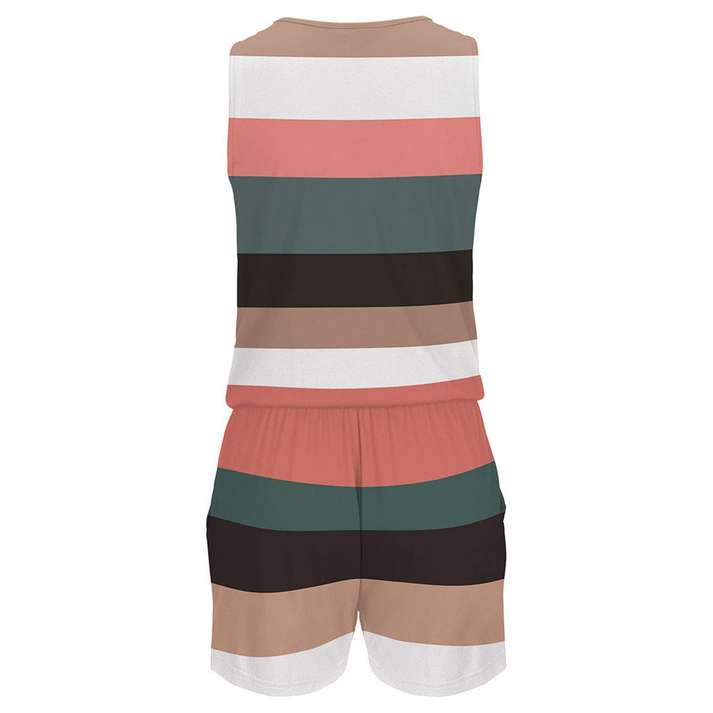 Colorblock Stripe Romper for Women | Zip-Up V-Neck Sleeveless Playsuit | Casual Summer Jumpsuit with Shorts