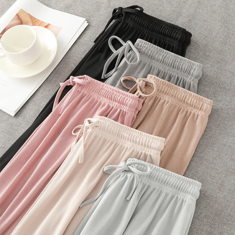 Women's Ice Silk Wide Leg Pants — High Waist Drawstring Flowy Trousers for Summer, Petite-Friendly Straight-Cut Lounge Pants