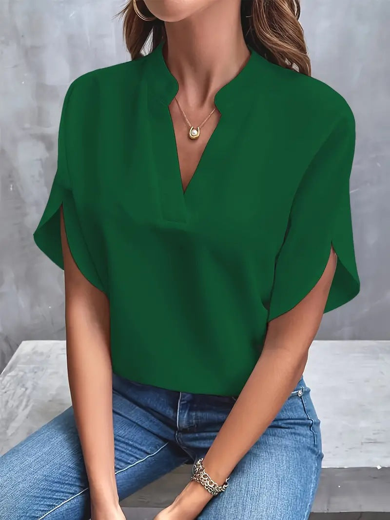 Women's V-Neck Chiffon Blouse — Wrinkle-Free Relaxed Fit Short Sleeve Pullover Shirt, Elegant Casual Summer Top in 7 Colors, S–2XL