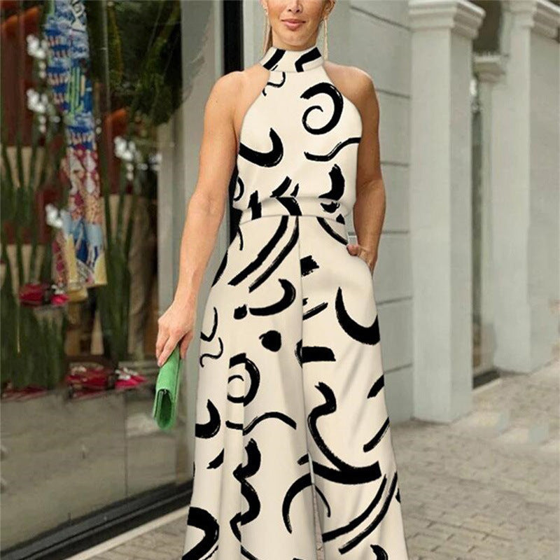 Summer New Arrival Ins Style Women's Round Neck Tie Waist Slim Fit Printed Jumpsuit