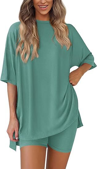 Women's Oversized Lounge Set 2 Piece — Short Sleeve Tee & Biker Shorts | Casual Comfy Matching Outfit