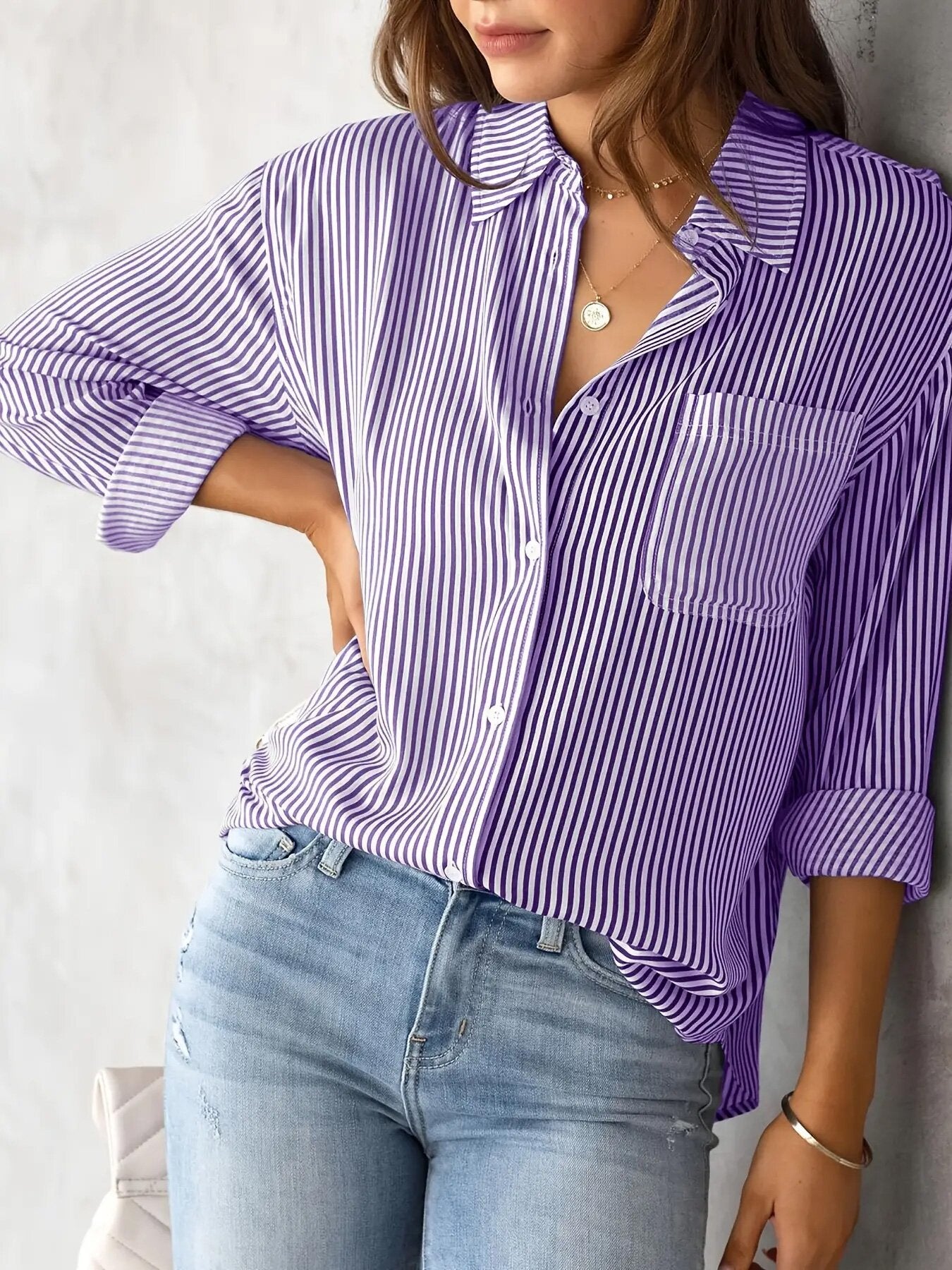Women's Striped Oversized Button-Down Shirt — 4-Way Stretch Woven Long Sleeve Casual Blouse with Chest Pocket, Relaxed Fit Navy Pinstripe Top S–XXL
