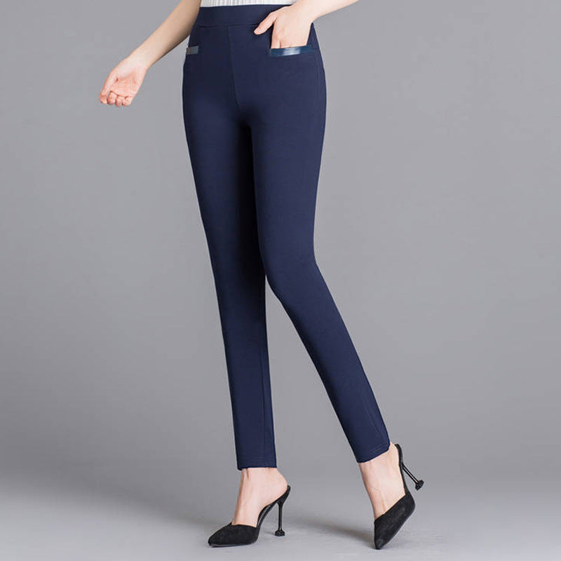 Women's High Waist Slim Stretch Pencil Pants — 4-Way Stretch Skinny Trousers with Faux Leather Pocket Trim, Office Casual Cropped or Capri Length, M–4XL