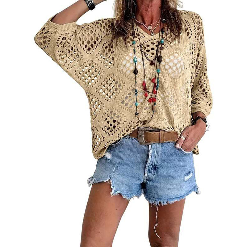 Women's Boho Crochet Hollow-Out Knit Top | V-Neck Batwing Sleeve Beach Cover-Up Sweater | S-5XL