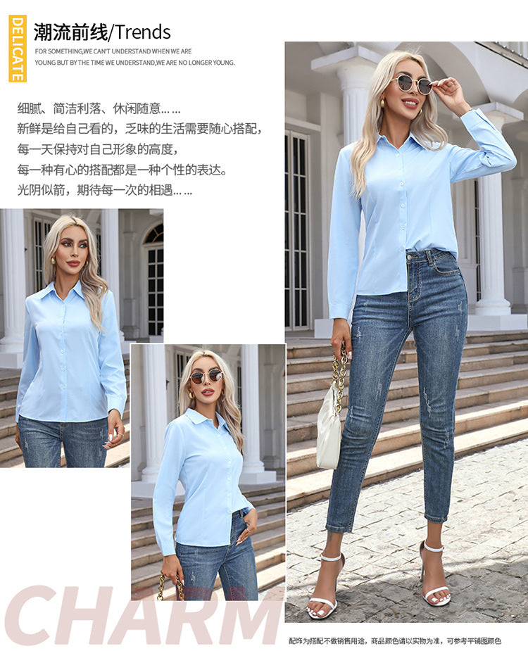 Women's Long Sleeve Button-Down Shirt | Elegant Solid Color Collared Blouse | Casual Office Fashion Top