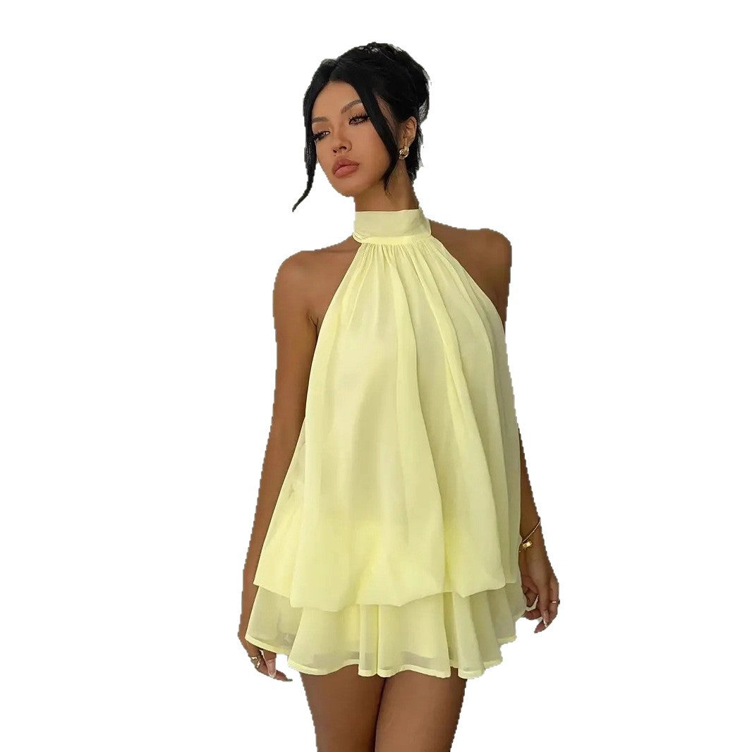 Sexy Chiffon Halter Mini Dress for Women, Island Vacation Backless Flowy Beach Dress, Summer Tea Dress