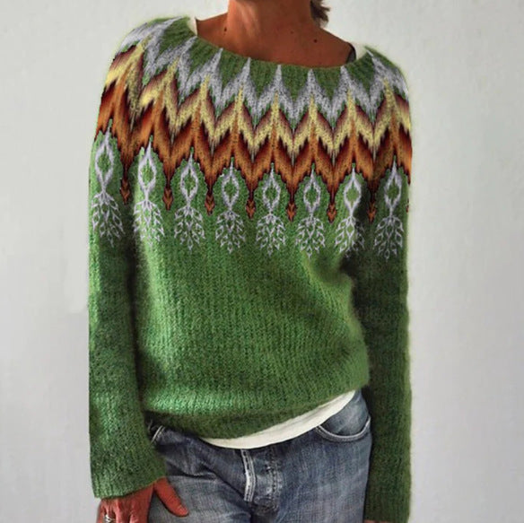 Women's Vintage Colorblock Knit Sweater | Boho Folk Floral Crew Neck Oversized Pullover | Fall Winter Top