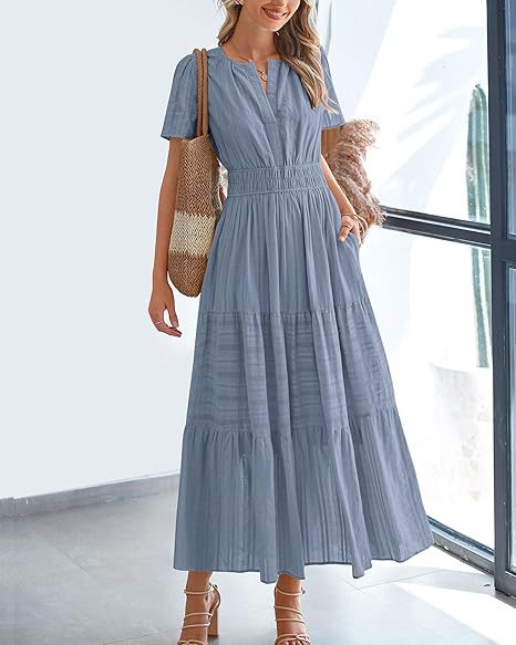 Women's V-Neck Smocked Waist Tiered Midi Dress — Flowy Puff Sleeve Boho Maxi Dress with Elastic Waist & Ruffle Tiered Skirt, Summer Casual Party Dress in 14 Colors S–XXL