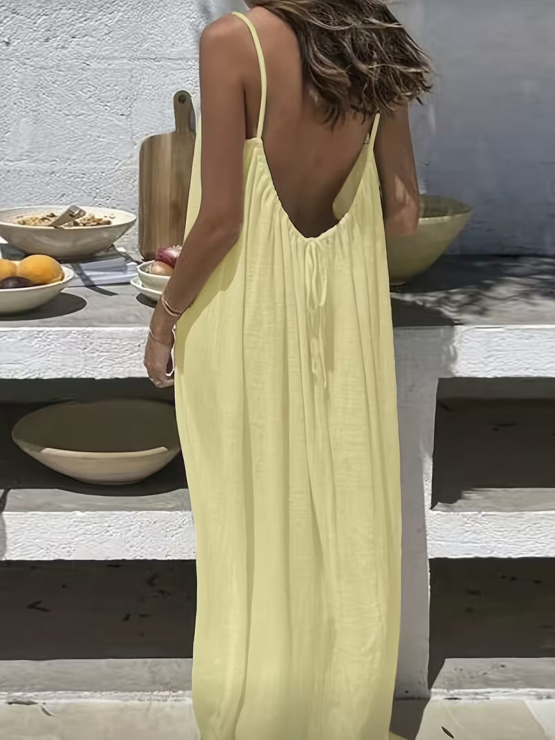 Women's Spaghetti Strap Open Back Loose Maxi Dress — Sexy Backless Slip Sundress, Adjustable Straps Casual Boho Beach Lounge Dress S–5XL in 25+ Colors