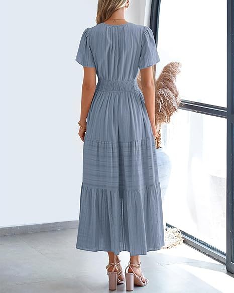 Women's V-Neck Smocked Waist Tiered Midi Dress — Flowy Puff Sleeve Boho Maxi Dress with Elastic Waist & Ruffle Tiered Skirt, Summer Casual Party Dress in 14 Colors S–XXL