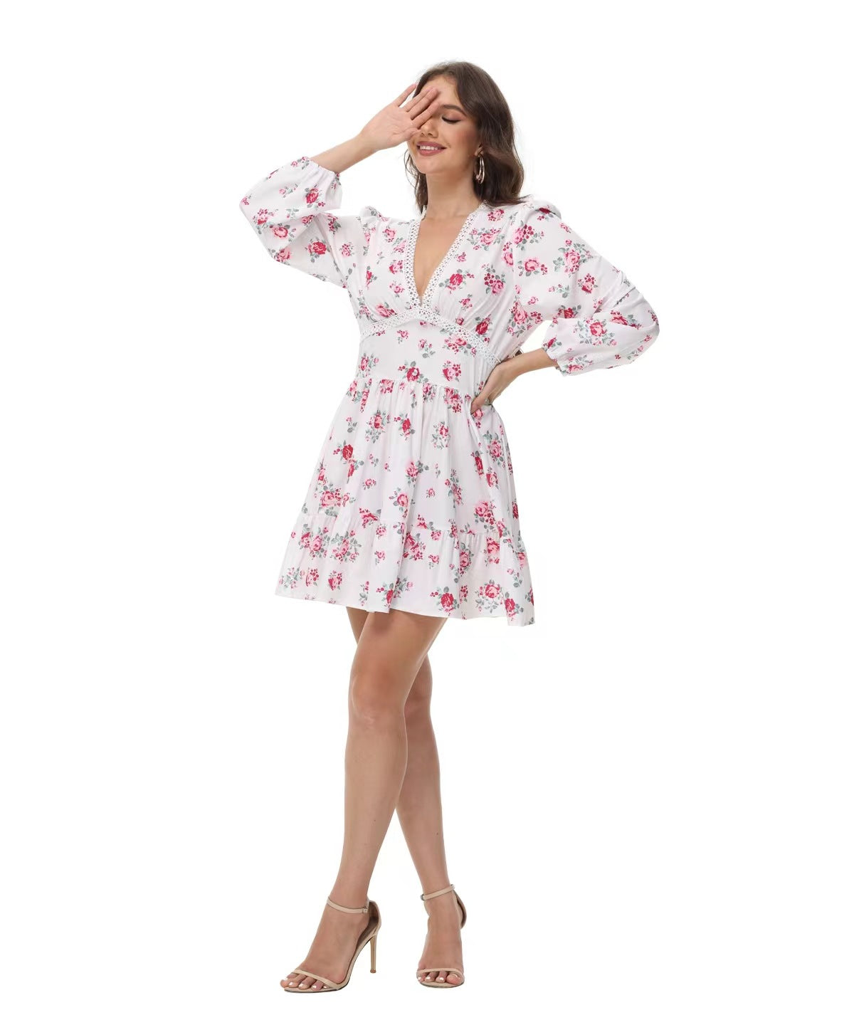 Women's V-Neck Lace Trim Floral Mini Dress — Romantic Puff Sleeve Tiered Ruffle Skirt Short Dress, Sweet Boho Floral Party Dress S–XXXL in 9 Prints