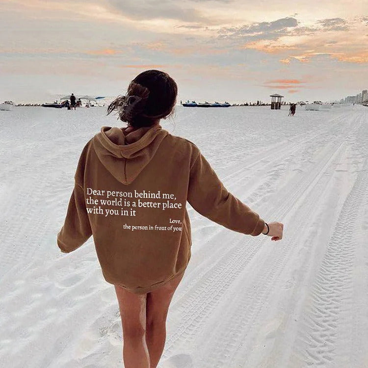 Women's Fleece Graphic Hoodie | "Dear Person Behind Me" Letter Print Oversized Pullover Sweatshirt | S-5XL