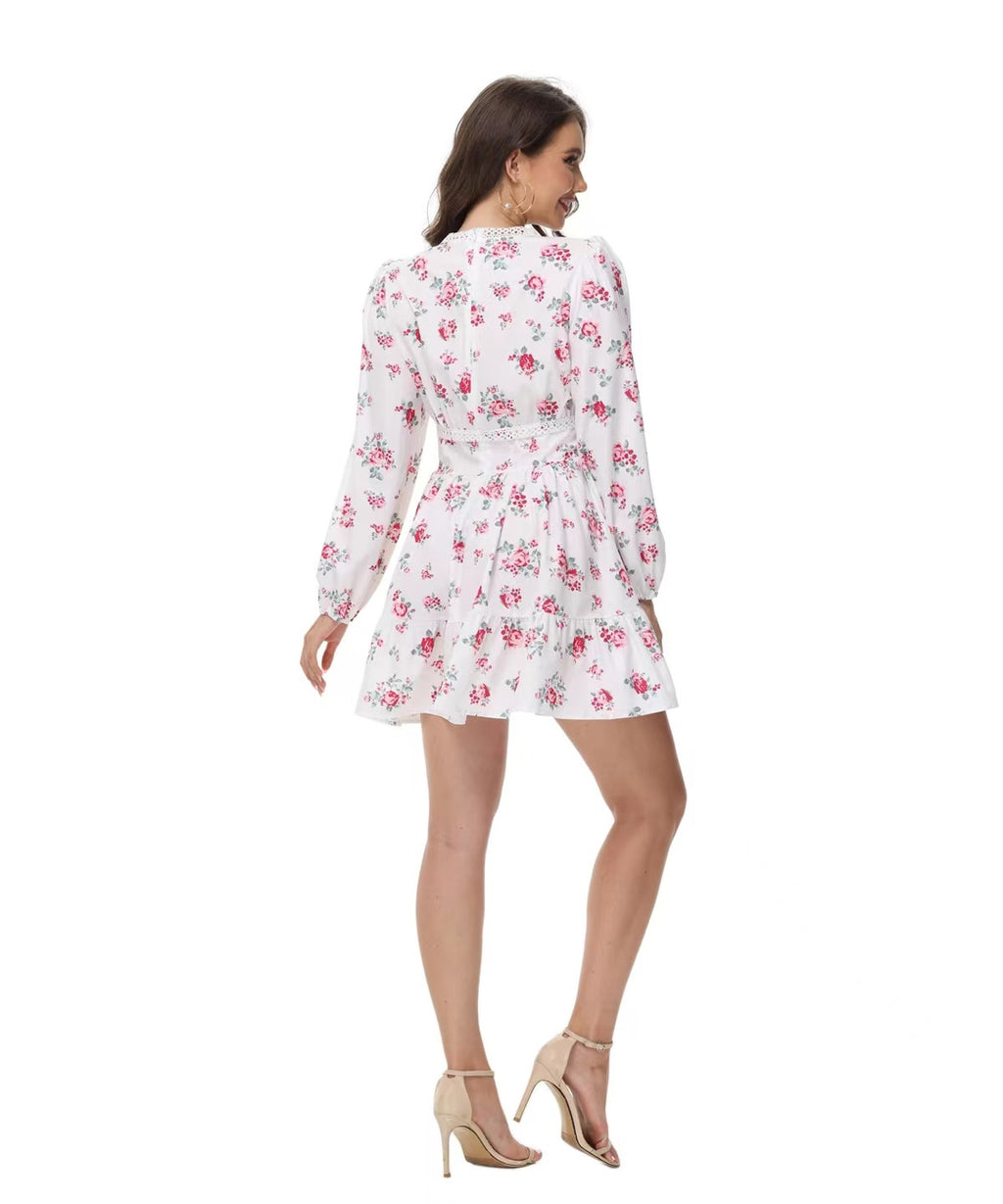 Women's V-Neck Lace Trim Floral Mini Dress — Romantic Puff Sleeve Tiered Ruffle Skirt Short Dress, Sweet Boho Floral Party Dress S–XXXL in 9 Prints