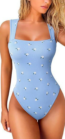Women's Ribbed Square Neck Bodysuit | Sleeveless Tummy Control Butt Lifting Thong Body Shaper