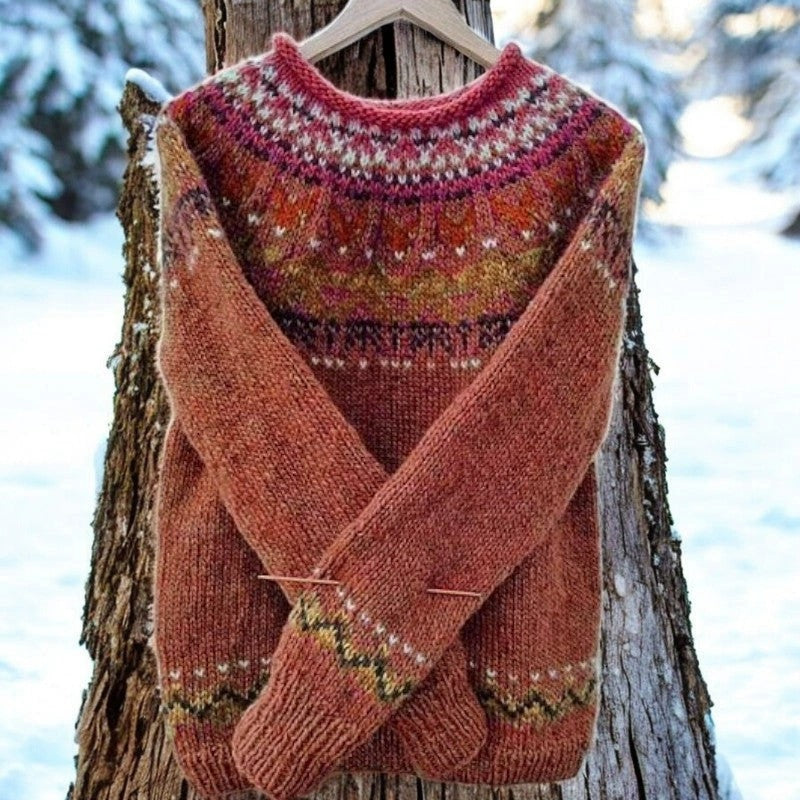 Women's Vintage Colorblock Knit Sweater | Boho Folk Floral Crew Neck Oversized Pullover | Fall Winter Top