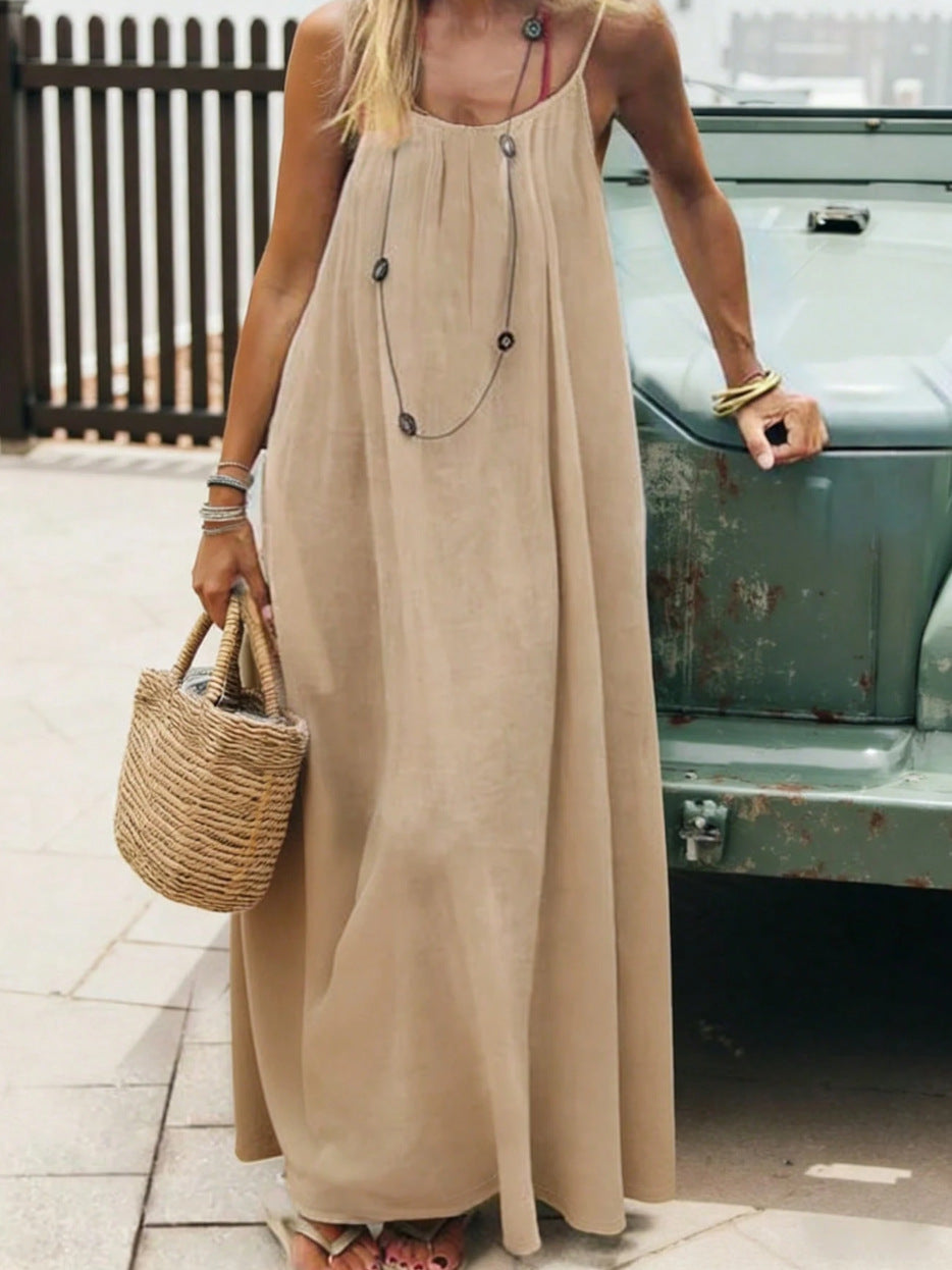 Women's Spaghetti Strap Open Back Loose Maxi Dress — Sexy Backless Slip Sundress, Adjustable Straps Casual Boho Beach Lounge Dress S–5XL in 25+ Colors