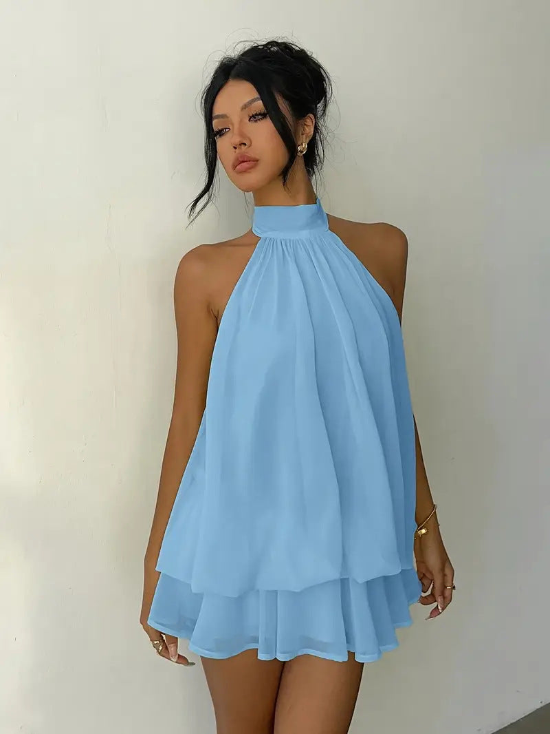Sexy Chiffon Halter Mini Dress for Women, Island Vacation Backless Flowy Beach Dress, Summer Tea Dress