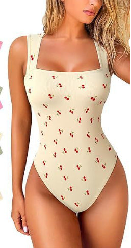 Women's Ribbed Square Neck Bodysuit | Sleeveless Tummy Control Butt Lifting Thong Body Shaper