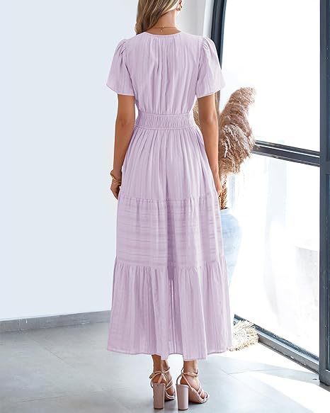 Women's V-Neck Smocked Waist Tiered Midi Dress — Flowy Puff Sleeve Boho Maxi Dress with Elastic Waist & Ruffle Tiered Skirt, Summer Casual Party Dress in 14 Colors S–XXL