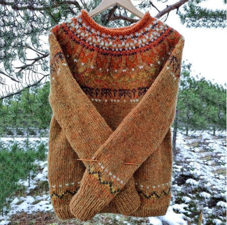 Women's Vintage Colorblock Knit Sweater | Boho Folk Floral Crew Neck Oversized Pullover | Fall Winter Top