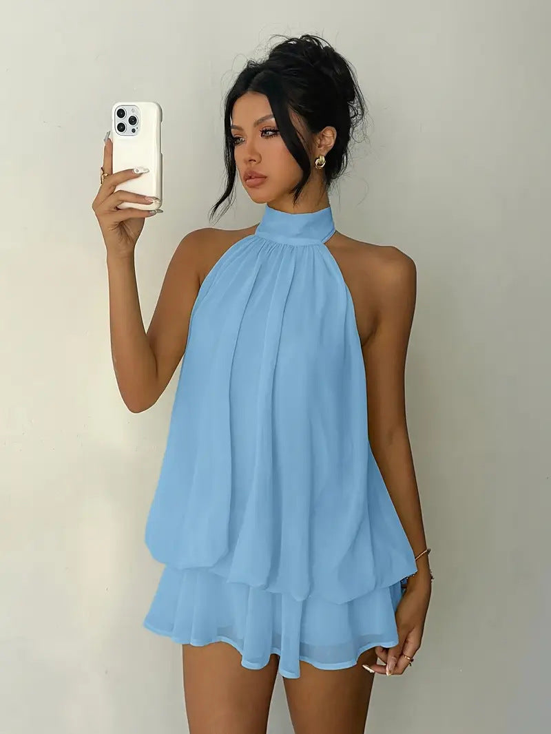 Sexy Chiffon Halter Mini Dress for Women, Island Vacation Backless Flowy Beach Dress, Summer Tea Dress