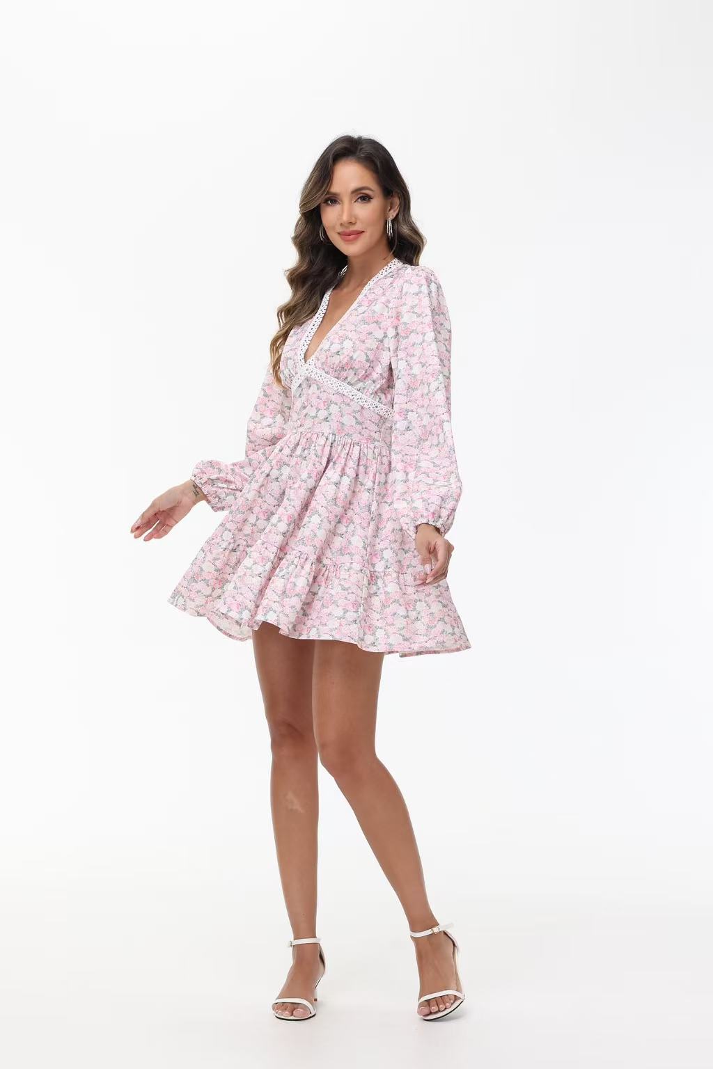 Women's V-Neck Lace Trim Floral Mini Dress — Romantic Puff Sleeve Tiered Ruffle Skirt Short Dress, Sweet Boho Floral Party Dress S–XXXL in 9 Prints