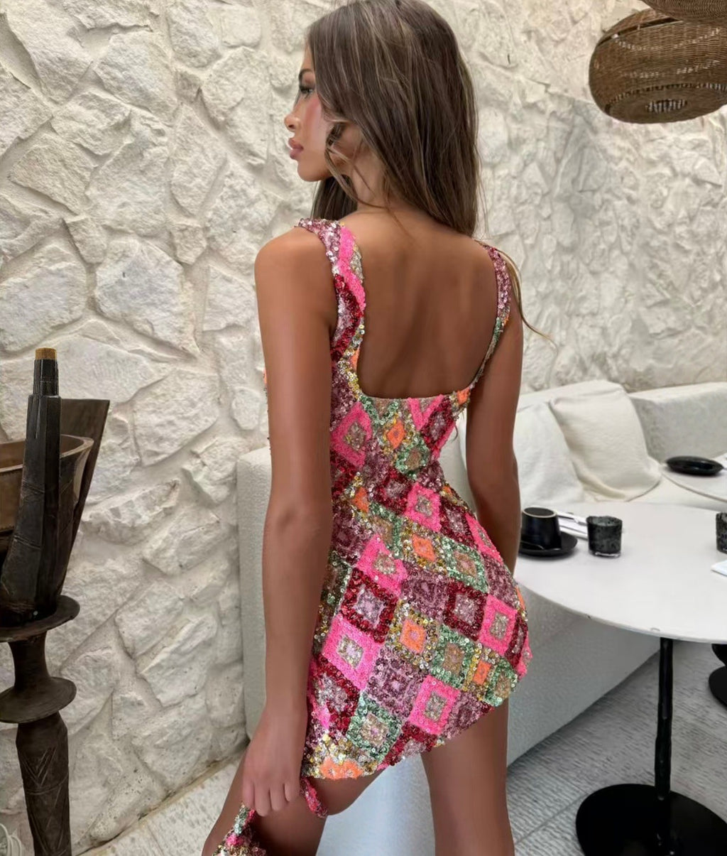 Women's Diamond Sequin Bodycon Mini Dress — Colorful Geometric Sequin Party Dress with Side Slit, Sparkle Sleeveless Club Dress S–XL in 15+ Colors