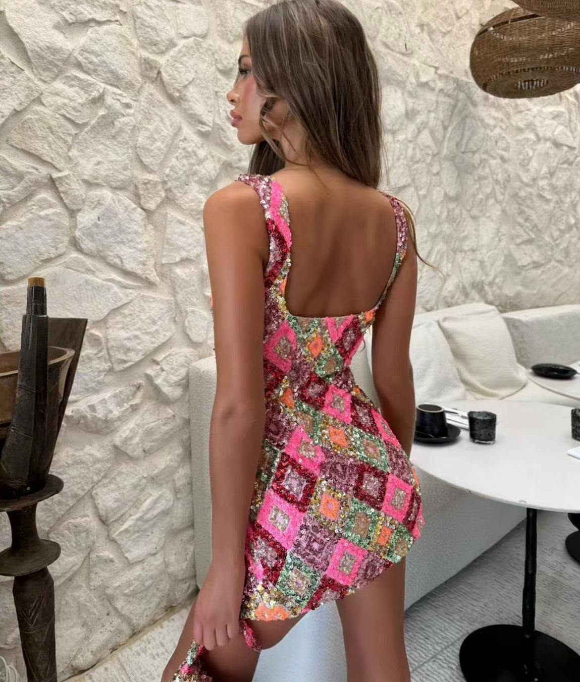 Women's Diamond Sequin Bodycon Mini Dress — Colorful Geometric Sequin Party Dress with Side Slit, Sparkle Sleeveless Club Dress S–XL in 15+ Colors