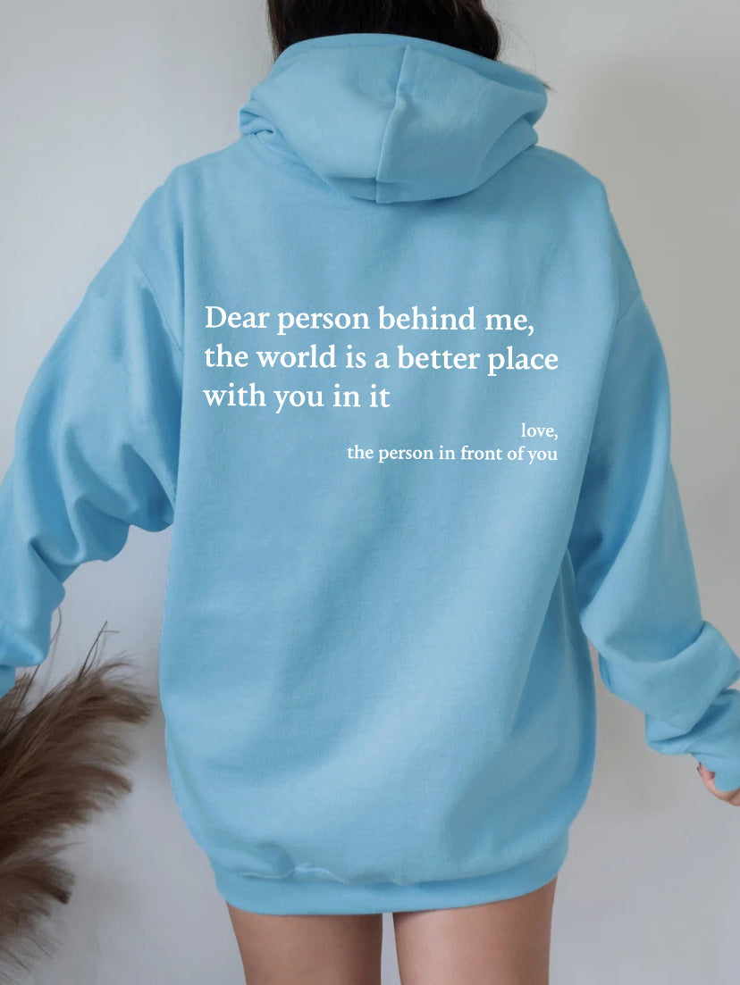 Women's Fleece Graphic Hoodie | "Dear Person Behind Me" Letter Print Oversized Pullover Sweatshirt | S-5XL
