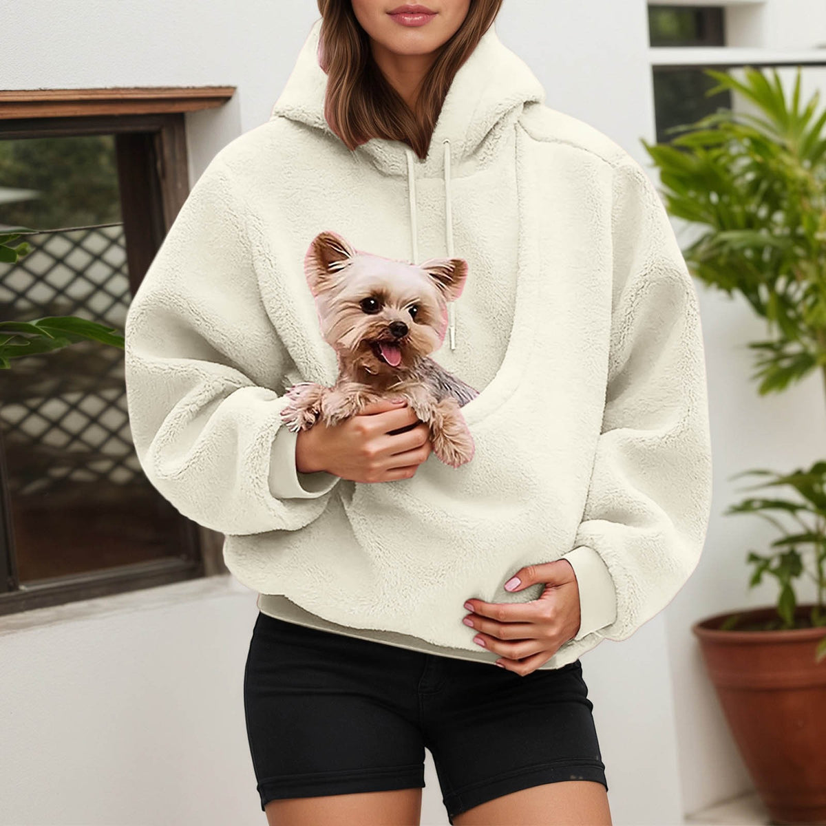 Women's Fluffy Teddy Fleece Oversized Hoodie — Plush Pullover Sweatshirt with Wrap Front Pocket & Drawstring Hood, Cozy Winter Top S–XXL in 7 Colors