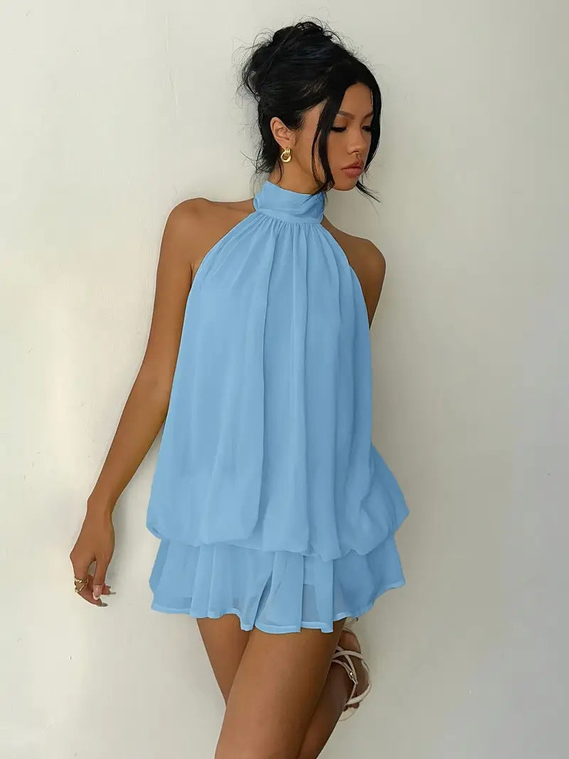Sexy Chiffon Halter Mini Dress for Women, Island Vacation Backless Flowy Beach Dress, Summer Tea Dress