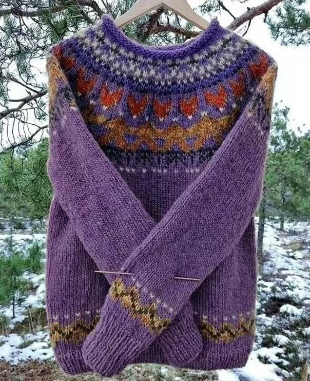 Women's Vintage Colorblock Knit Sweater | Boho Folk Floral Crew Neck Oversized Pullover | Fall Winter Top