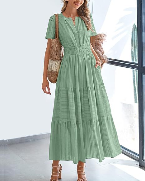 Women's V-Neck Smocked Waist Tiered Midi Dress — Flowy Puff Sleeve Boho Maxi Dress with Elastic Waist & Ruffle Tiered Skirt, Summer Casual Party Dress in 14 Colors S–XXL
