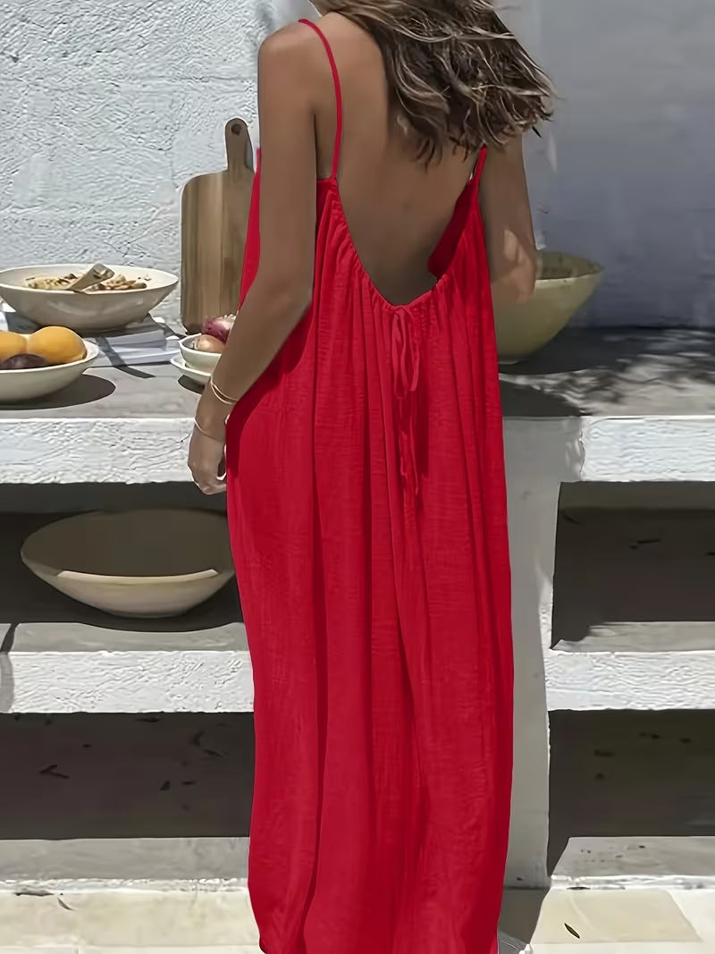 Women's Spaghetti Strap Open Back Loose Maxi Dress — Sexy Backless Slip Sundress, Adjustable Straps Casual Boho Beach Lounge Dress S–5XL in 25+ Colors