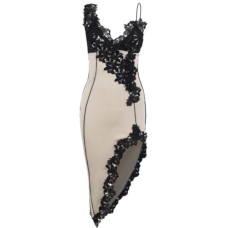 Sexy Deep V Lace Spaghetti Strap Bodycon Mini Dress for Women, Backless Slim Fit Party Club Dress