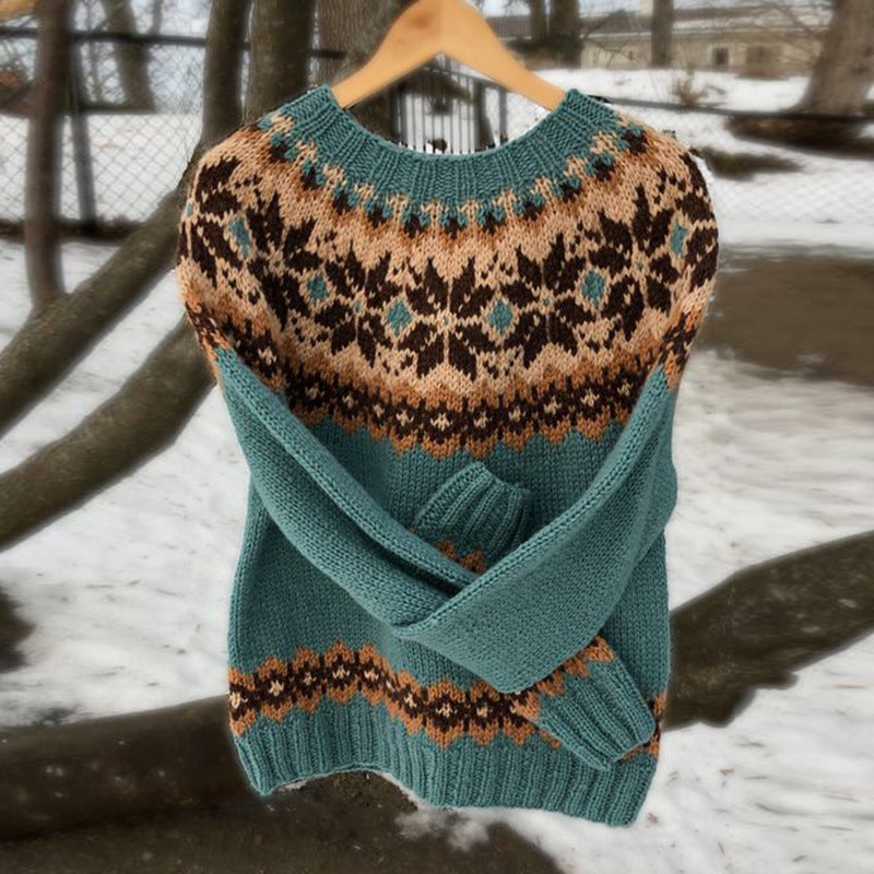 Women's Vintage Colorblock Knit Sweater | Boho Folk Floral Crew Neck Oversized Pullover | Fall Winter Top