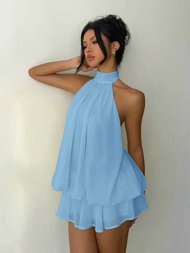 Sexy Chiffon Halter Mini Dress for Women, Island Vacation Backless Flowy Beach Dress, Summer Tea Dress
