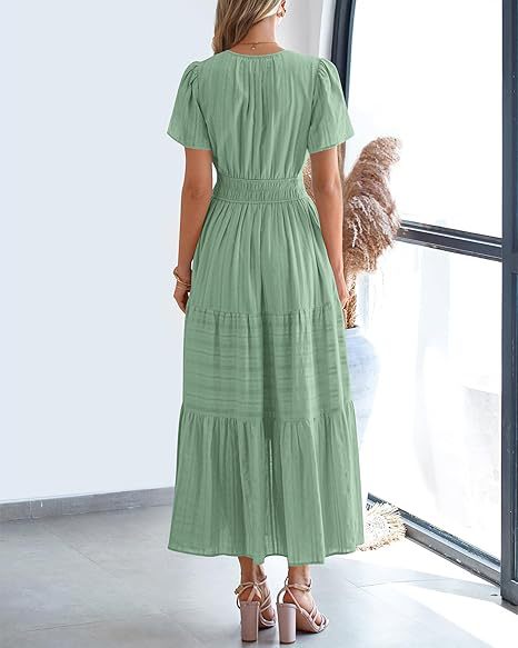 Women's V-Neck Smocked Waist Tiered Midi Dress — Flowy Puff Sleeve Boho Maxi Dress with Elastic Waist & Ruffle Tiered Skirt, Summer Casual Party Dress in 14 Colors S–XXL