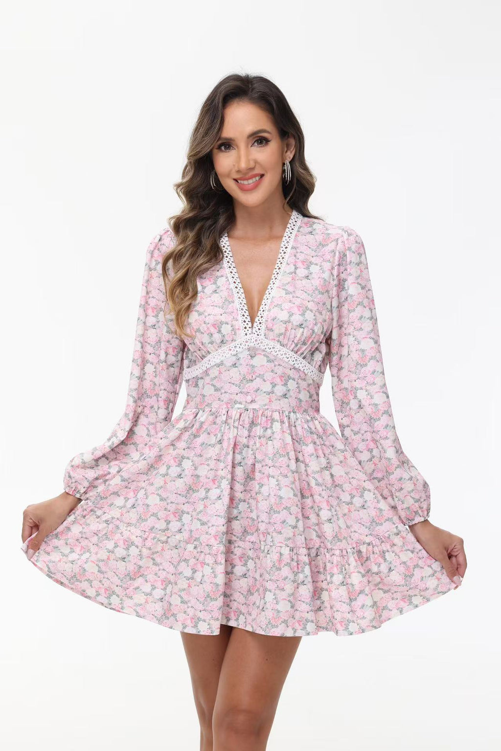 Women's V-Neck Lace Trim Floral Mini Dress — Romantic Puff Sleeve Tiered Ruffle Skirt Short Dress, Sweet Boho Floral Party Dress S–XXXL in 9 Prints