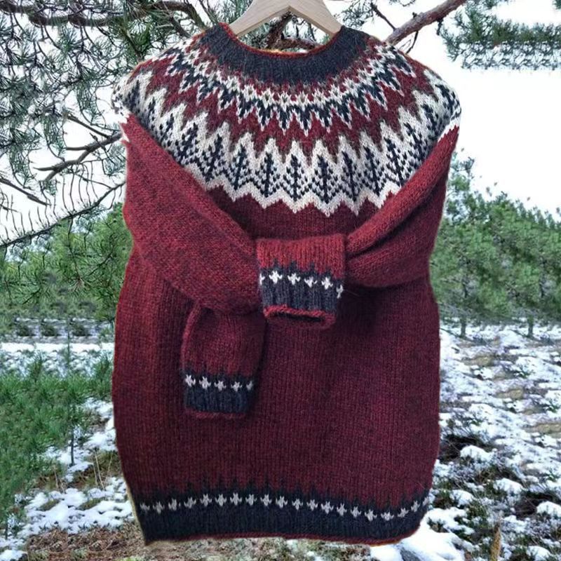 Women's Vintage Colorblock Knit Sweater | Boho Folk Floral Crew Neck Oversized Pullover | Fall Winter Top
