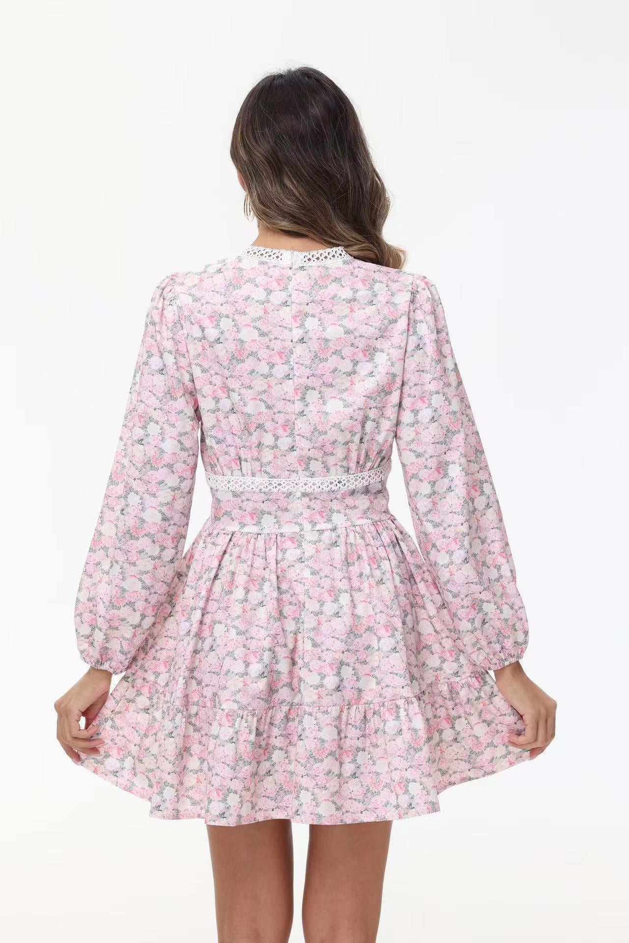 Women's V-Neck Lace Trim Floral Mini Dress — Romantic Puff Sleeve Tiered Ruffle Skirt Short Dress, Sweet Boho Floral Party Dress S–XXXL in 9 Prints