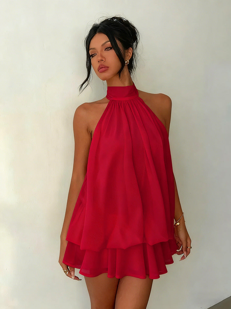 Sexy Chiffon Halter Mini Dress for Women, Island Vacation Backless Flowy Beach Dress, Summer Tea Dress