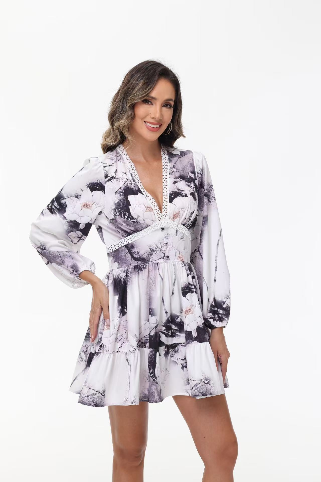 Women's V-Neck Lace Trim Floral Mini Dress — Romantic Puff Sleeve Tiered Ruffle Skirt Short Dress, Sweet Boho Floral Party Dress S–XXXL in 9 Prints