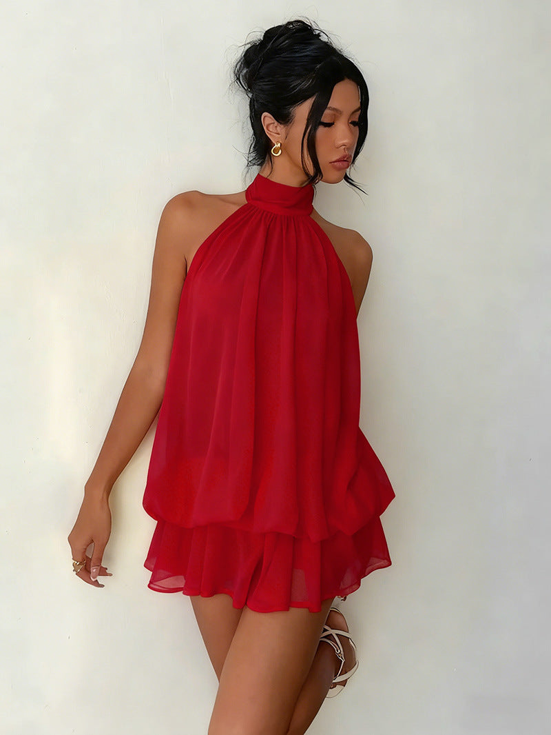 Sexy Chiffon Halter Mini Dress for Women, Island Vacation Backless Flowy Beach Dress, Summer Tea Dress