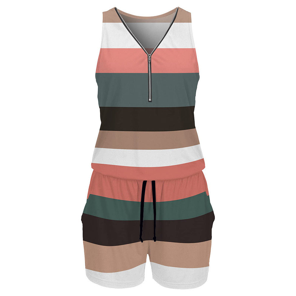 Colorblock Stripe Romper for Women | Zip-Up V-Neck Sleeveless Playsuit | Casual Summer Jumpsuit with Shorts