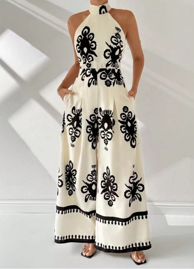 Summer New Arrival Ins Style Women's Round Neck Tie Waist Slim Fit Printed Jumpsuit
