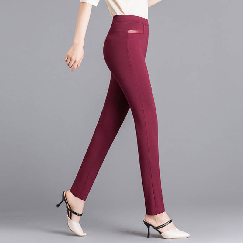 Women's High Waist Slim Stretch Pencil Pants — 4-Way Stretch Skinny Trousers with Faux Leather Pocket Trim, Office Casual Cropped or Capri Length, M–4XL