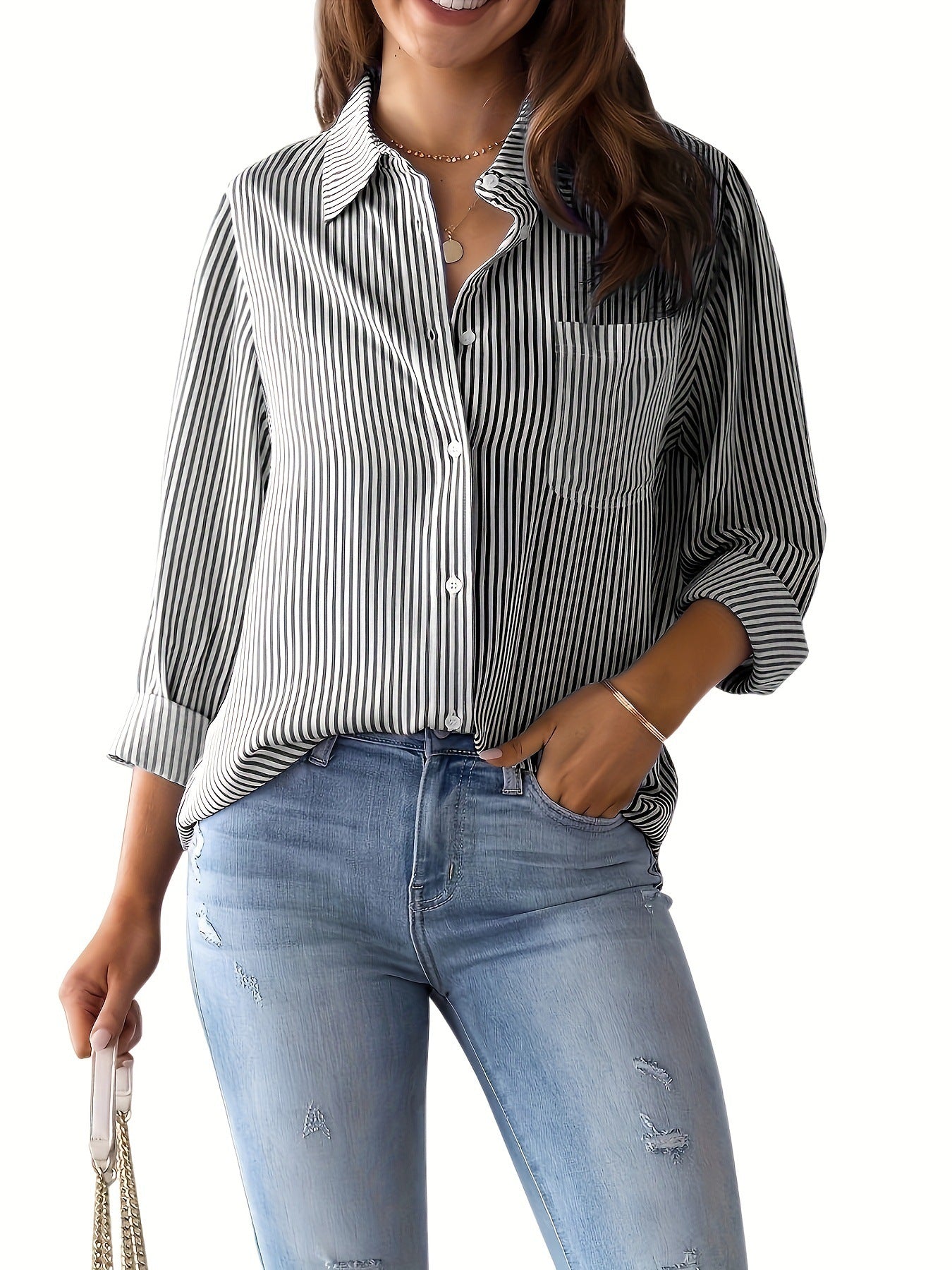 Women's Striped Oversized Button-Down Shirt — 4-Way Stretch Woven Long Sleeve Casual Blouse with Chest Pocket, Relaxed Fit Navy Pinstripe Top S–XXL