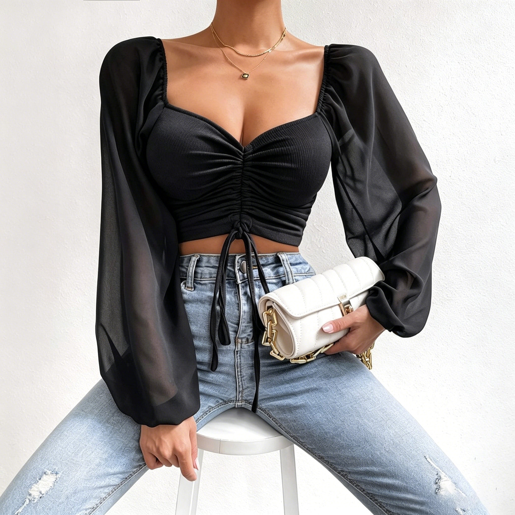 Ruched Front Crop Top for Women | V-Neck Lantern Sleeve Drawstring Fitted Blouse | Sexy Club Party Shirt