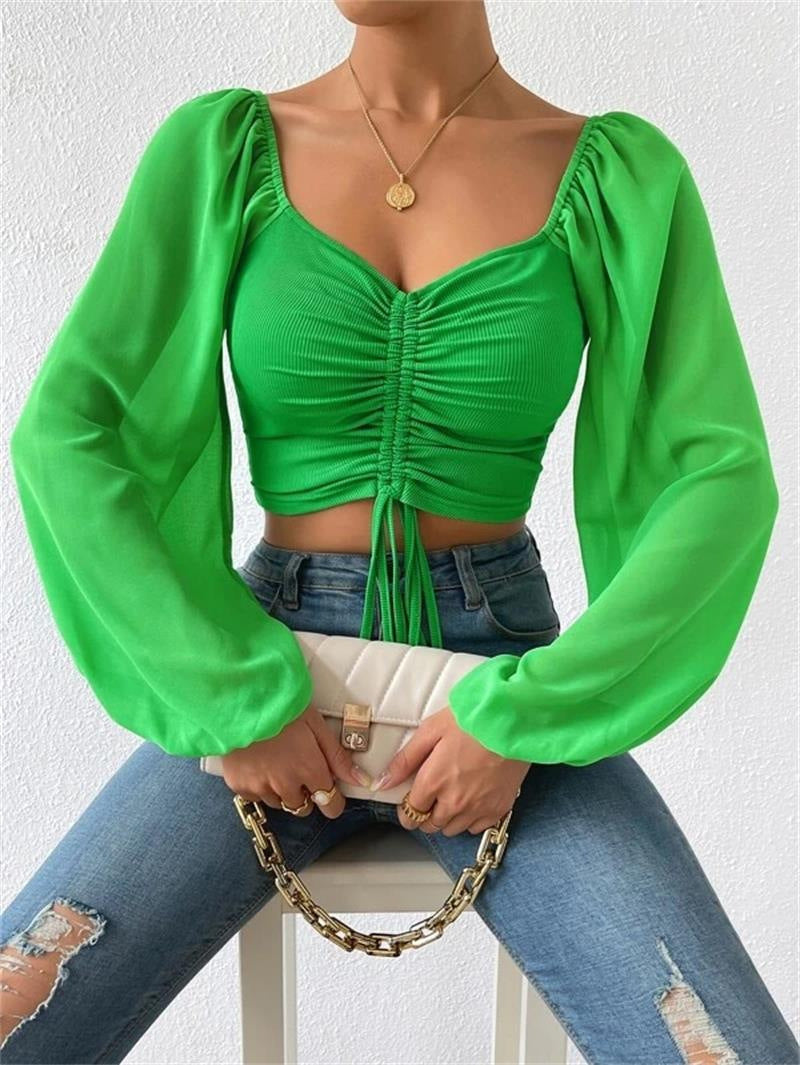 Ruched Front Crop Top for Women | V-Neck Lantern Sleeve Drawstring Fitted Blouse | Sexy Club Party Shirt